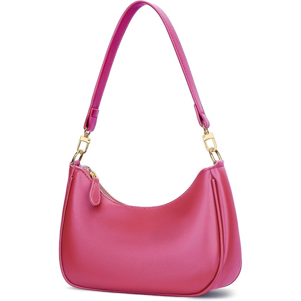 Women's Rose Red PU Leather Gold Chain Strap Underarm Zipper Pouch Hobo Purses